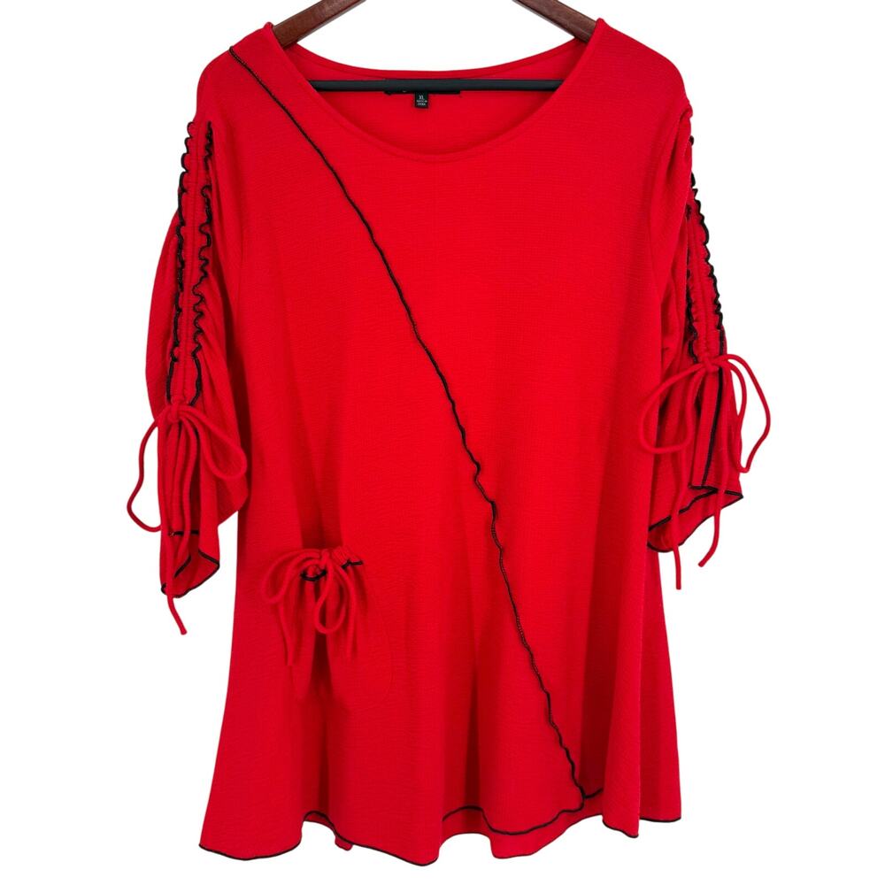 Calessa Sz XL Red Wearable Art to Wear Christmas Holiday Blouse Shirt Top Artsy